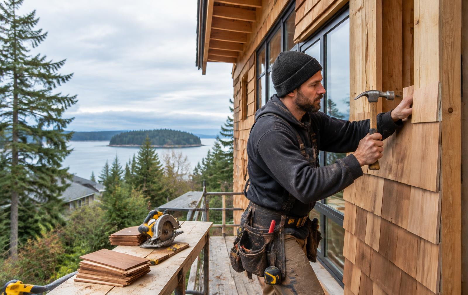Vancouver Island carpenter installing cedar siding